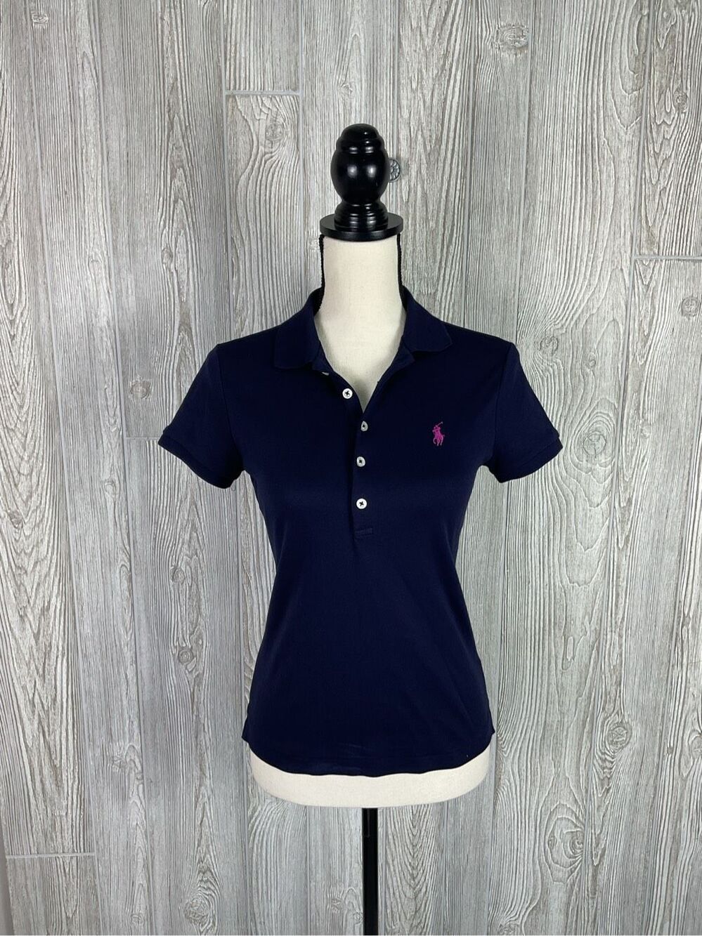 Ralph Lauren Navy Blue Short Sleeve Polo Shirt Womens Size Small Pink Pony Logo